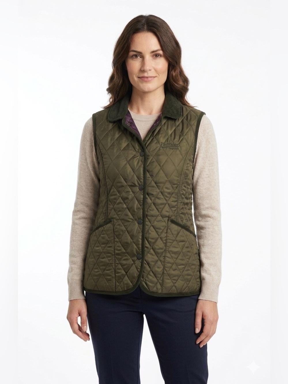 John Partridge English Clothing Olive Green Quilted Vest Corduroy Trim Women’s M